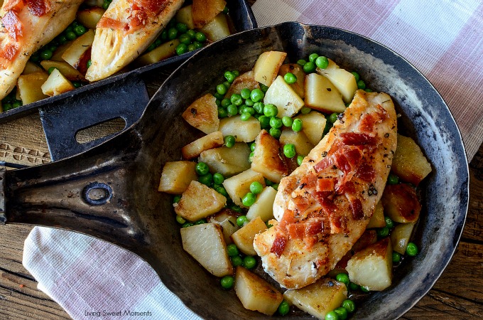 This delicious Chicken Bacon One Pot meal is perfect for an easy quick weeknight dinner idea. The chicken is cooked with potatoes and peas. Yum!