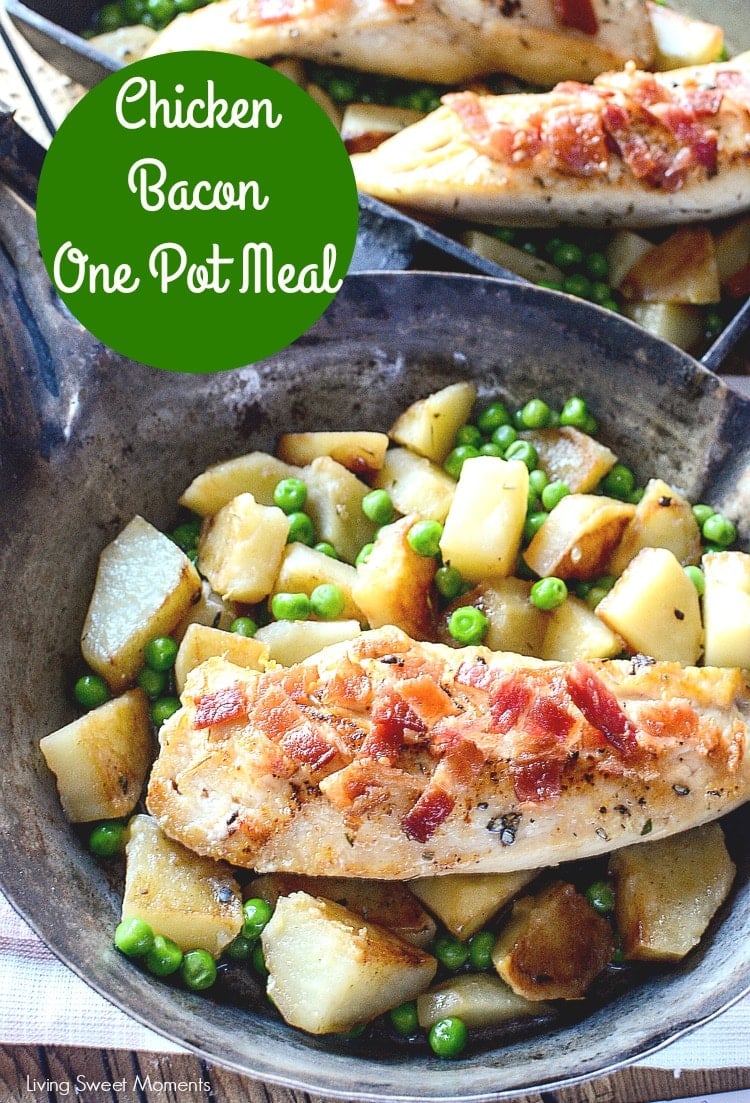 This delicious Chicken Bacon One Pot meal is perfect for an easy quick weeknight dinner idea. The chicken is cooked with potatoes and peas. Yum!