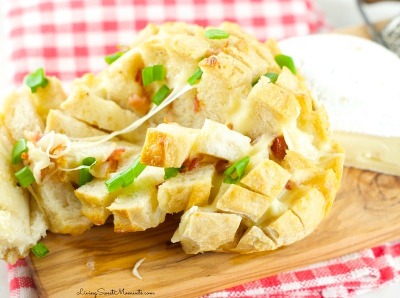 This delicious cheesy bacon Pull Apart Bread Recipe is so easy to make with oozy brie and smoked bacon. The perfect appetizer for the Superbowl. My favorite!