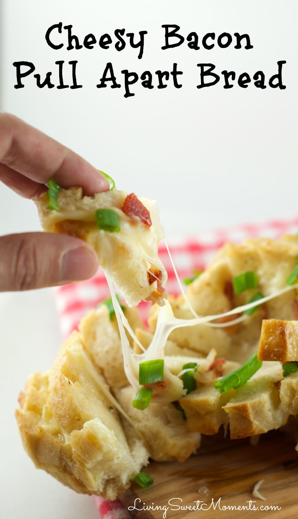 This delicious cheesy bacon Pull Apart Bread Recipe is so easy to make with oozy brie and smoked bacon. The perfect appetizer for the Superbowl. My favorite!