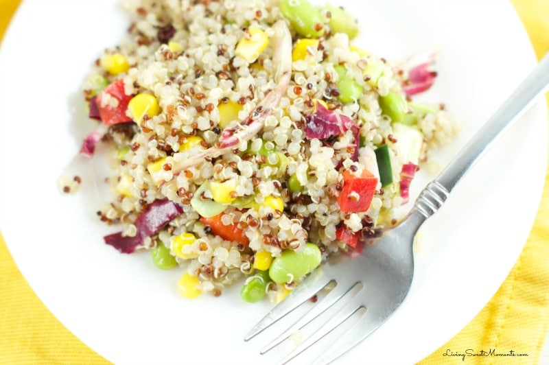 This fresh Quinoa Edamame Salad Recipe is colorful, crunchy and delicious. Served with an Asian-inspired vinaigrette and lots of veggies. Low fat and tasty