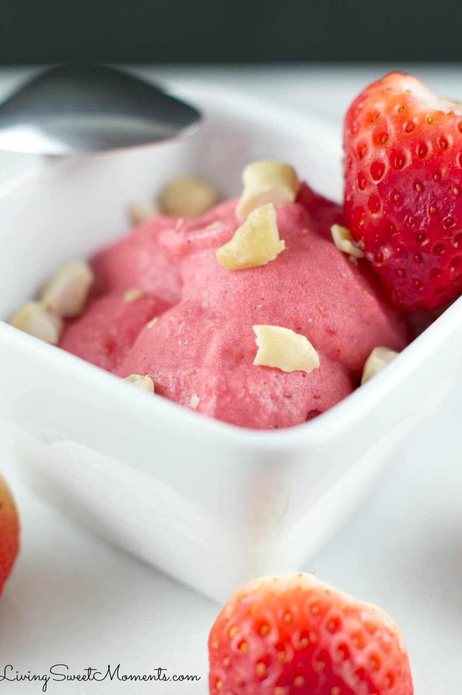 This creamy homemade strawberry frozen yogurt recipe only requires 3 ingredients to make and no ice cream machine needed. The perfect easy dessert! 