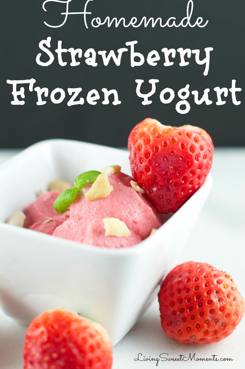 This creamy homemade strawberry frozen yogurt recipe only requires 3 ingredients to make and no ice cream machine needed. The perfect easy dessert! 