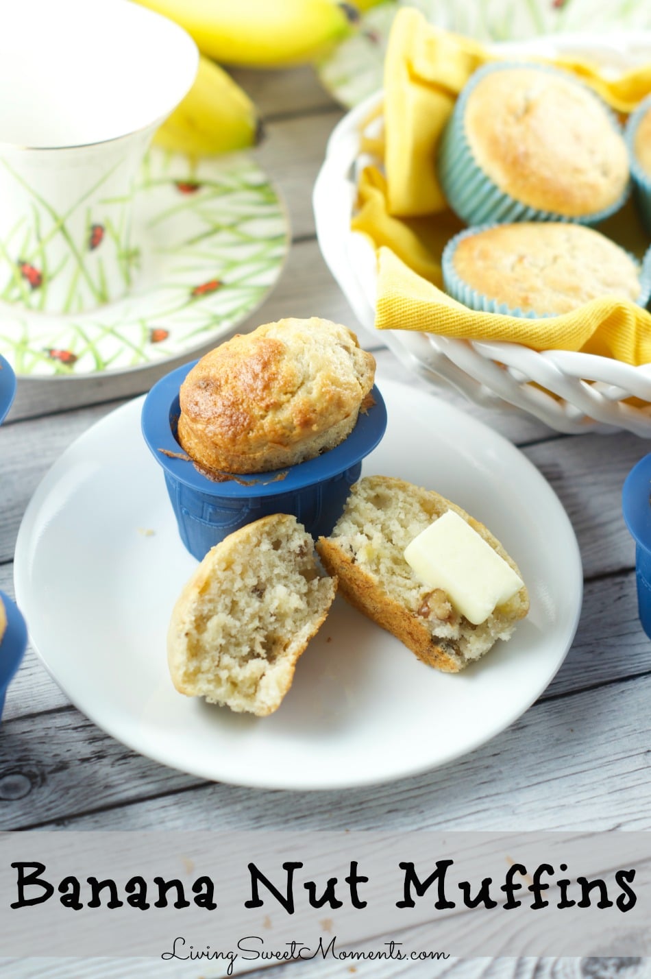 Banana Nut Muffins Recipe - They makes delicious, moist and sweet muffins. The secret is the use of sour cream in the batter. It gives them tons of flavor.