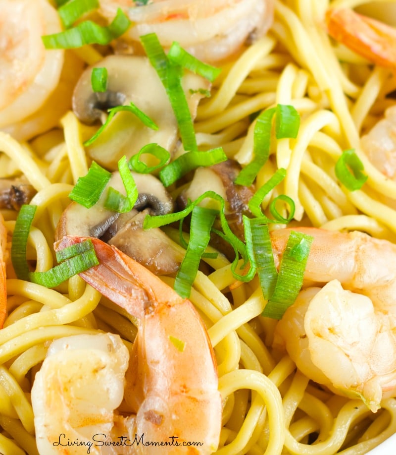 Sesame Shrimp Noodles - Easy and delicious weeknight dinner idea. Shrimp and mushrooms tossed together with egg noodles with a delicious sesame sauce. Definitely a crowd pleaser