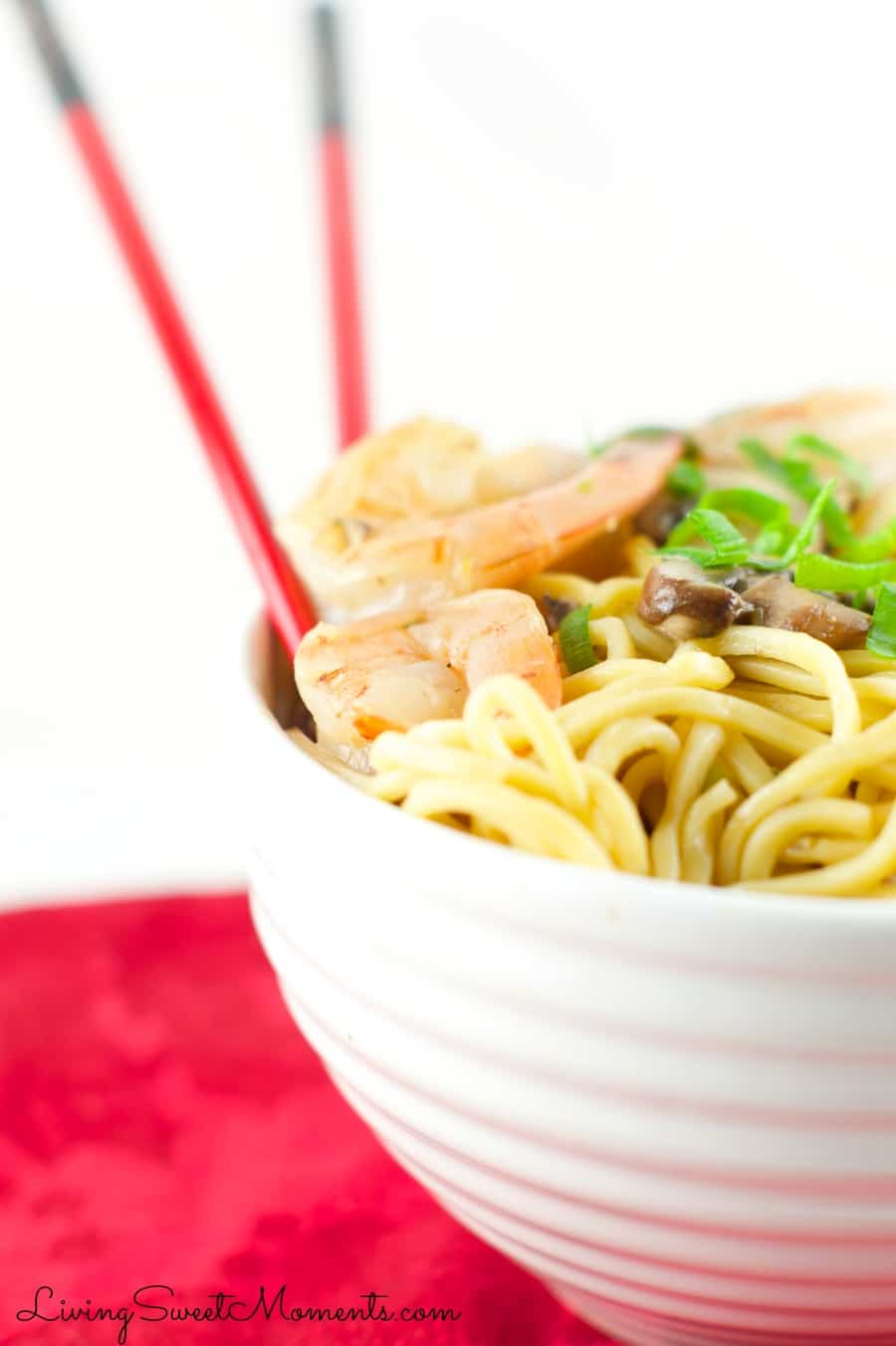 Sesame Shrimp Noodles - Easy and delicious weeknight dinner idea. Shrimp and mushrooms tossed together with egg noodles with a delicious sesame sauce. Definitely a crowd pleaser