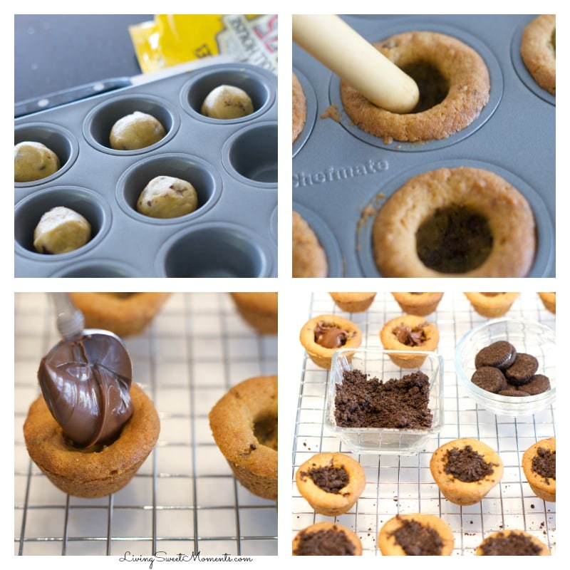 Flower Pot Cookies - Chocolate Chip Cookie cups filled with hazelnut chocolate and topped with crushed chocolate cookies. Welcome Spring with yummy cookies.