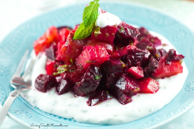 Roasted Beet Salad With Mint Yogurt - Delicious roasted beets tossed in a mustard balsamic vinaigrette and served with mint yogurt. Simple yet elegant salad