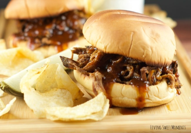 Slow Cooker Pulled BBQ Beef Sandwiches: delicious and tender beef slow cooked in a homemade BBQ sauce served on a toasted hamburger bun. Perfect for parties