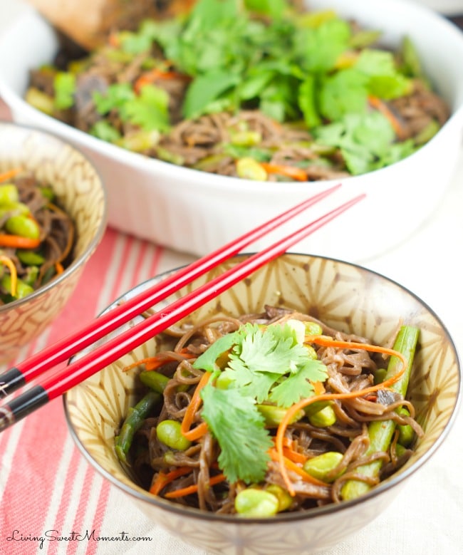 soba noodles with edamame and spring veggies - This delicious vegetarian one pot meal comes together in 5 minutes or less. Served with an asian sesame sauce