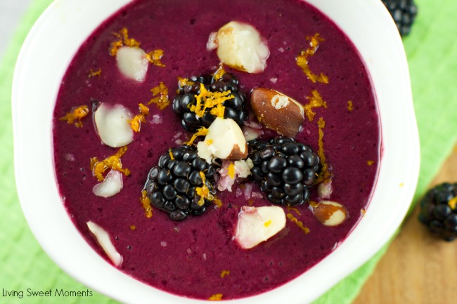 Mixed Berry Gazpacho - a refreshing smoothie bowl featuring berries, pineapple juice and yogurt topped with Brazil Nuts. Perfect breakfast or brunch recipe.