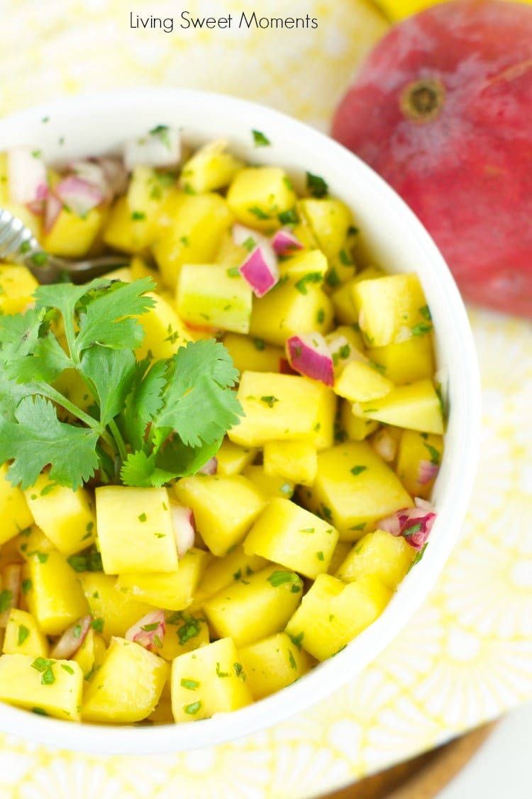 Mango Salad - Just 4 ingredients, this mango salad is the perfect summer recipe for the outdoors. Easy to make and delicious. Serve it as an app or w/chips.