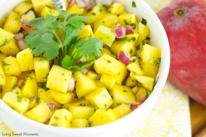 Mango Salad - Just 4 ingredients, this mango salad is the perfect summer recipe for the outdoors. Easy to make and delicious. Serve it as an app or w/chips.