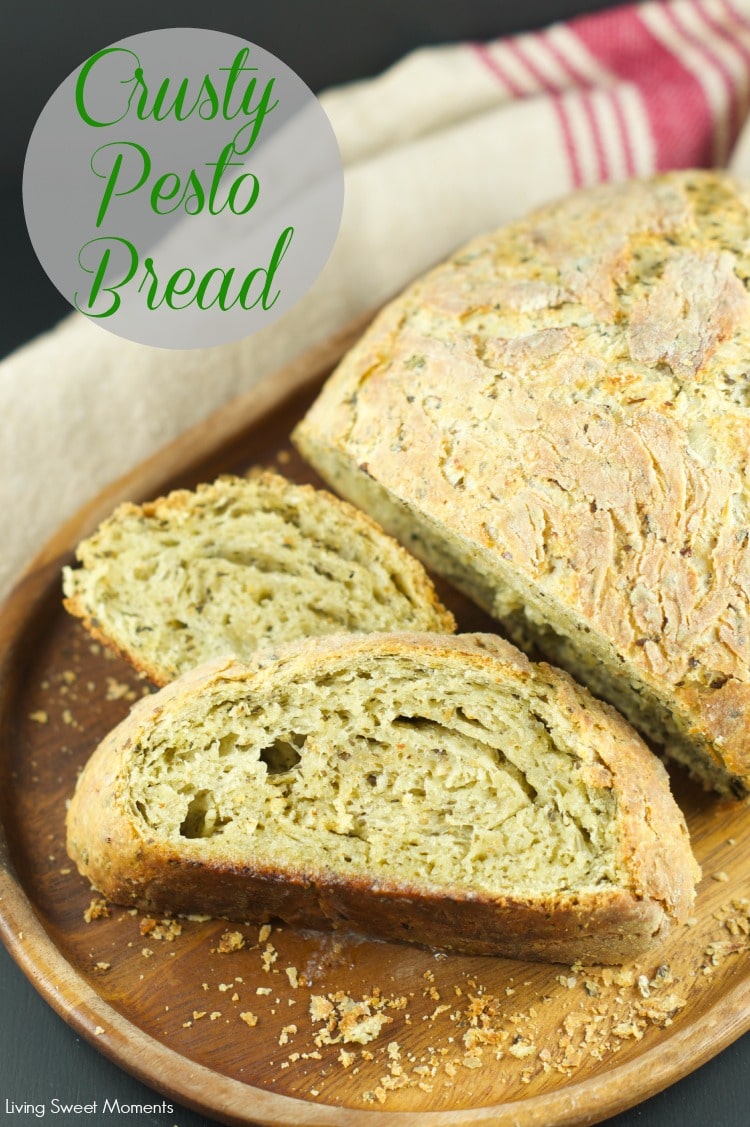 no knead pesto bread: this crusty pesto bread is easy to make and full of delicious pesto flavor. It requires no kneading and is baked in a dutch pan. Yummy