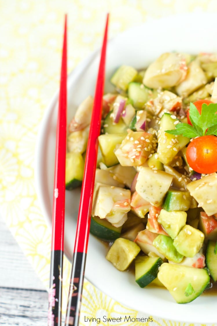 Surimi Salad served with sesame dressing for an easy and low fat dinner idea. Avocados, cucumbers and other veggies come together in a crunchy filling salad