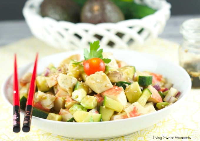 Surimi Salad served with sesame dressing for an easy and low fat dinner idea. Avocados, cucumbers and other veggies come together in a crunchy filling salad