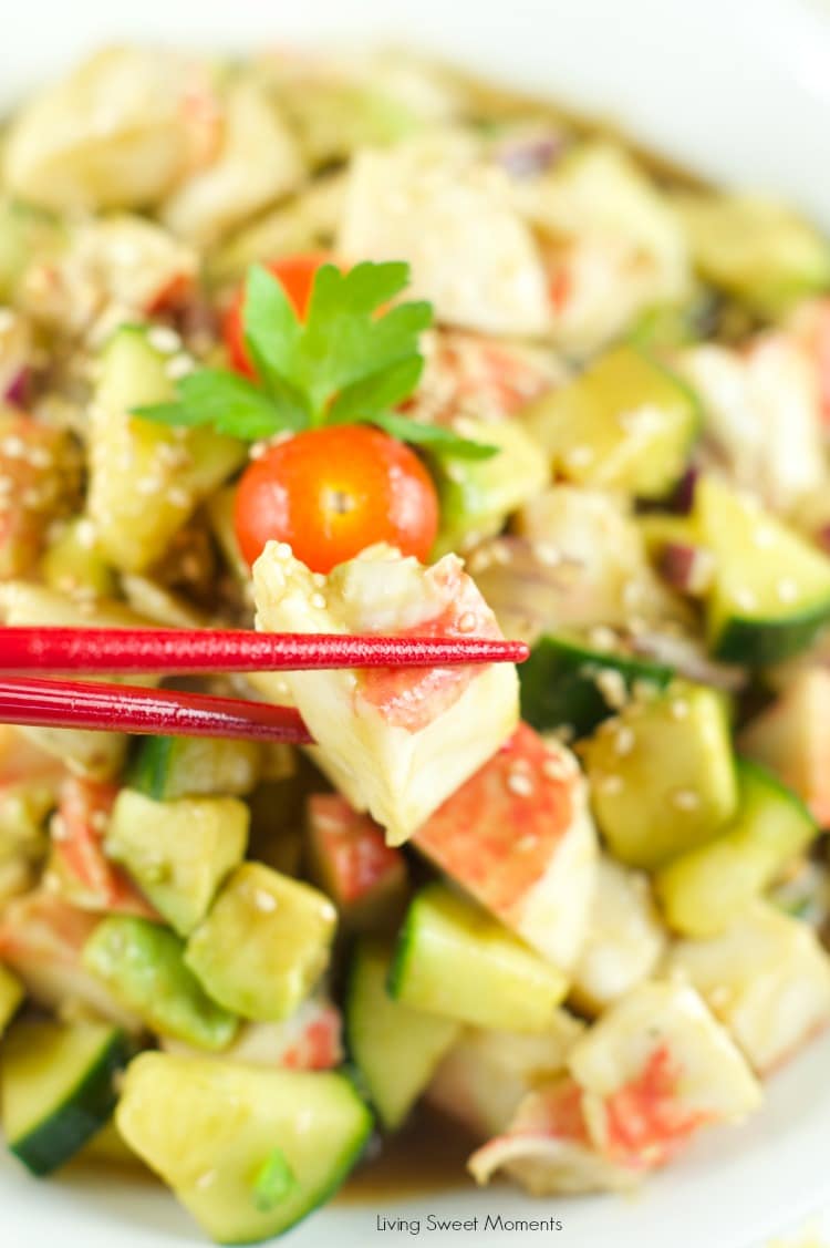 Surimi Salad served with sesame dressing for an easy and low fat dinner idea. Avocados, cucumbers and other veggies come together in a crunchy filling salad