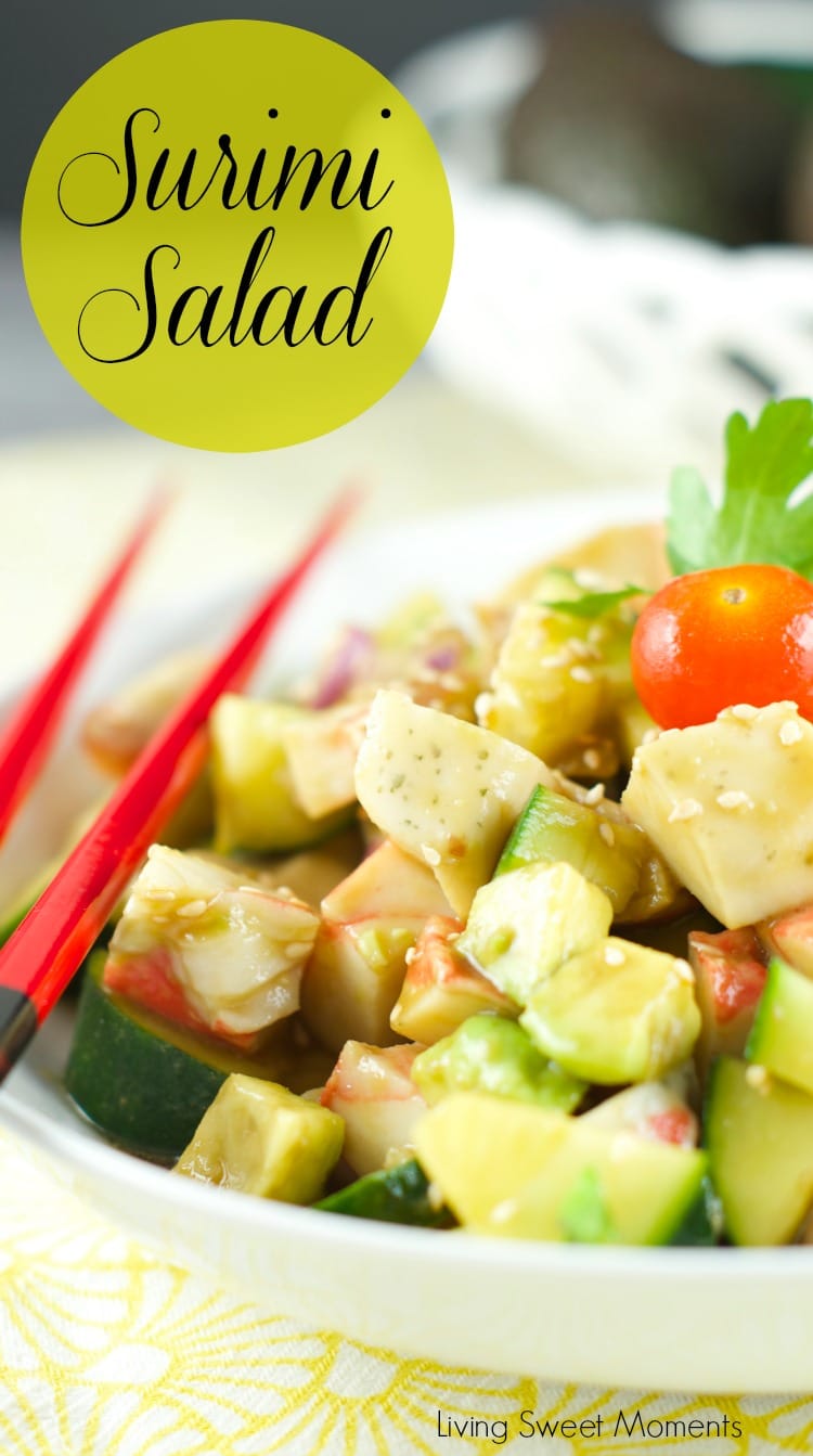 Surimi Salad served with sesame dressing for an easy and low fat dinner idea. Avocados, cucumbers and other veggies come together in a crunchy filling salad