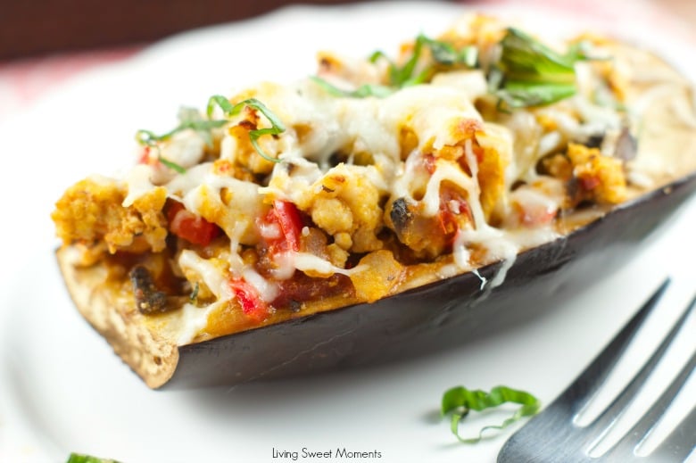Turkey Stuffed Eggplant - Delicious lean turkey mixed with veggies and tomato sauce serve inside roasted eggplants and topped with cheese. Yummy lean recipe