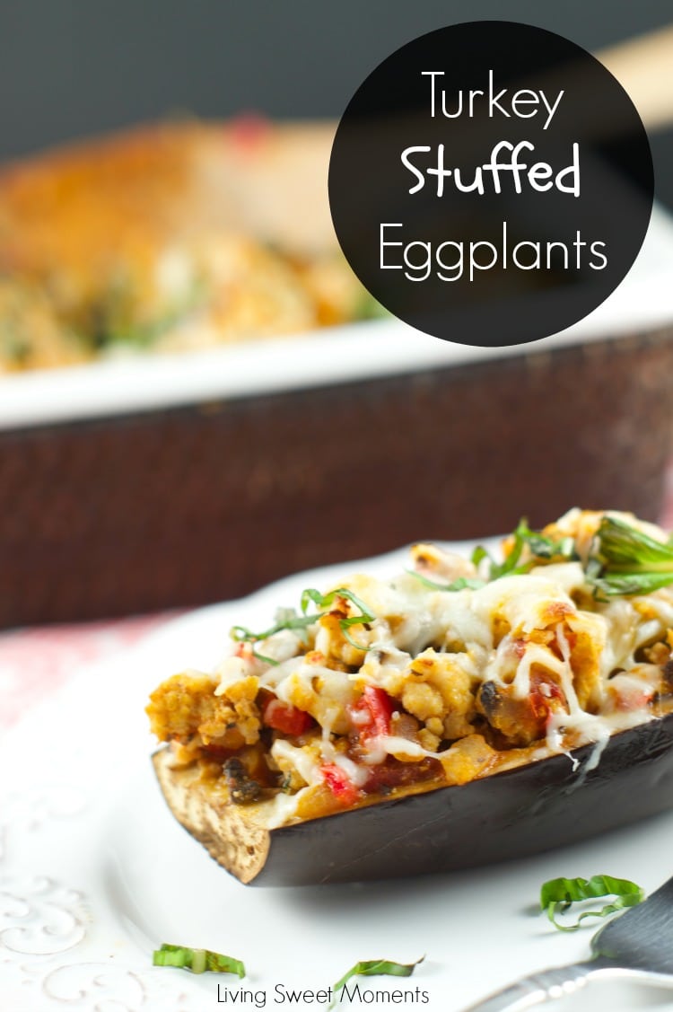 Turkey Stuffed Eggplant - Delicious lean turkey mixed with veggies and tomato sauce serve inside roasted eggplants and topped with cheese. Yummy lean recipe