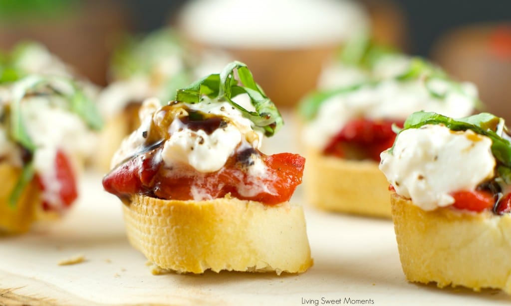 Roasted Red Pepper Burrata Crostini - crispy baguette slices are topped with roasted red peppers, creamy burrata, basil and a splash of balsamic glaze.