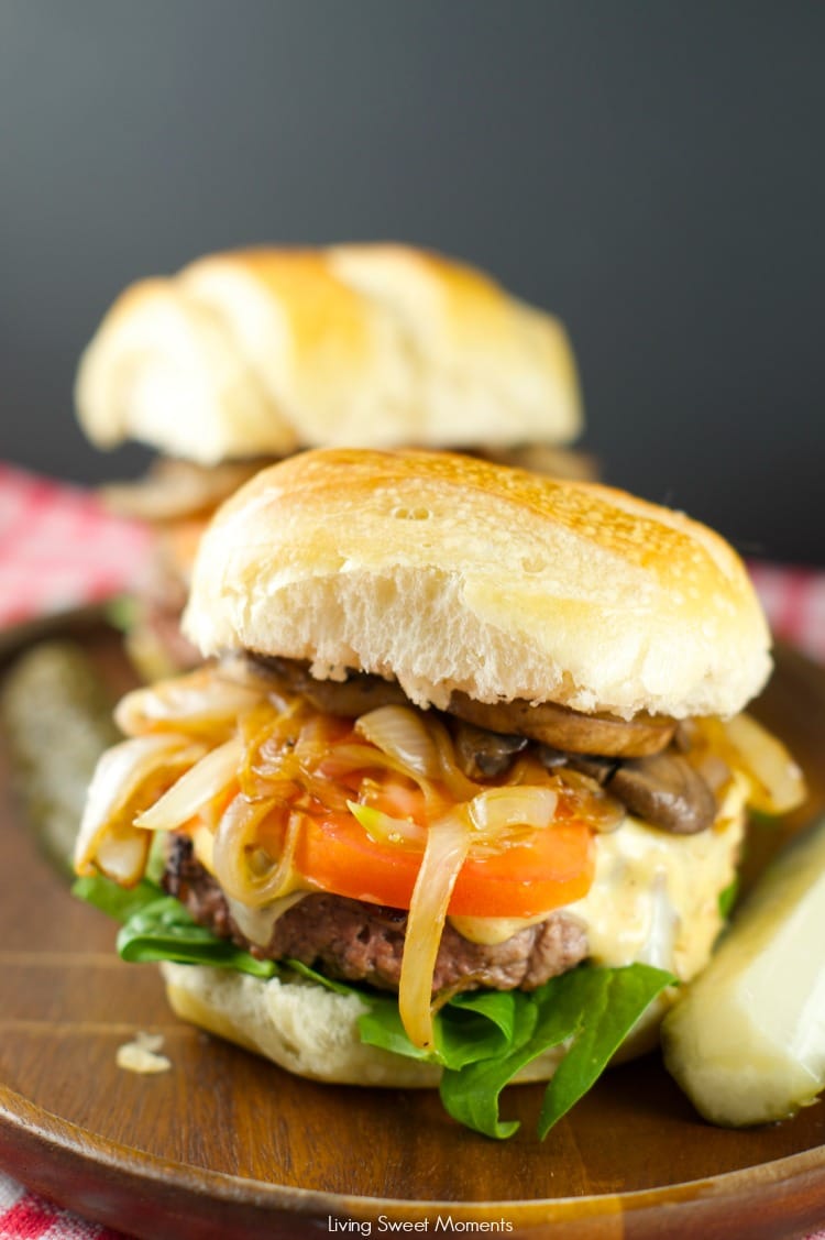 Burger With Caramelized Onions And Mushrooms: Juicy beef burgers w/ homemade sauce topped with sautéed mushrooms and caramelized onions. Perfect for dinner!