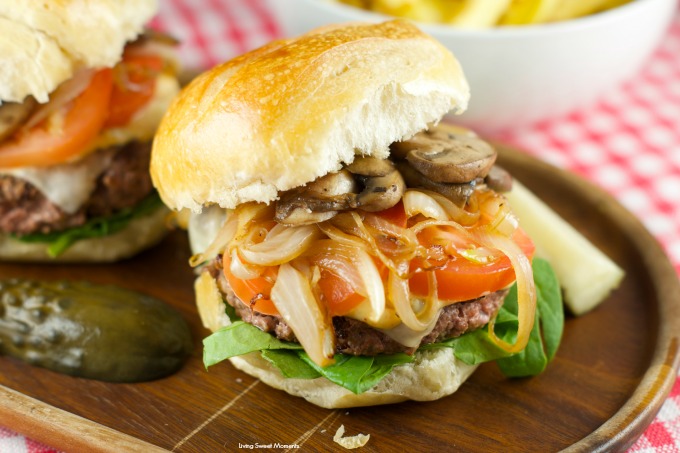 Burger With Caramelized Onions And Mushrooms: Juicy beef burgers w/ homemade sauce topped with sautéed mushrooms and caramelized onions. Perfect for dinner!