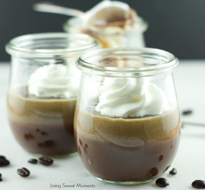 Chocolate Coffee Pots De Creme: One layer of silky chocolate custard topped with a layer of delicious coffee pot de creme served with whipped cream for a delicious creamy dessert