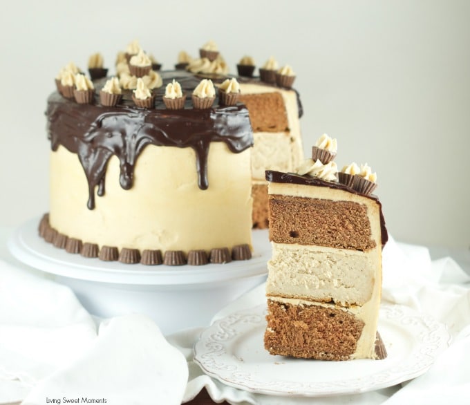 Chocolate Peanut Butter Cheesecake Cake - This is amazing cake features 2 chocolate cakes, a peanut butter cheesecake all covered in peanut butter buttercream and drizzled with chocolate ganache. The ultimate dessert. Find more at www.livingsweetmoments.com