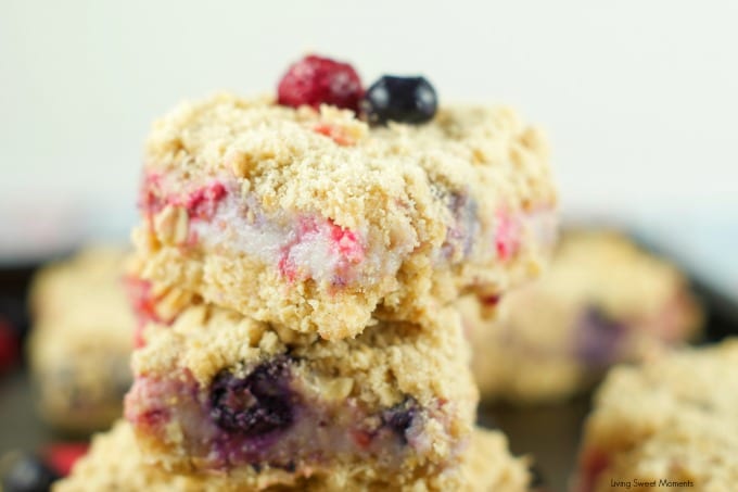 Lemon Creme Crumb Bars: Crumbly butter oatmeal crust with a citrus berry creme filling. These bars are the perfect summer dessert for any occasion