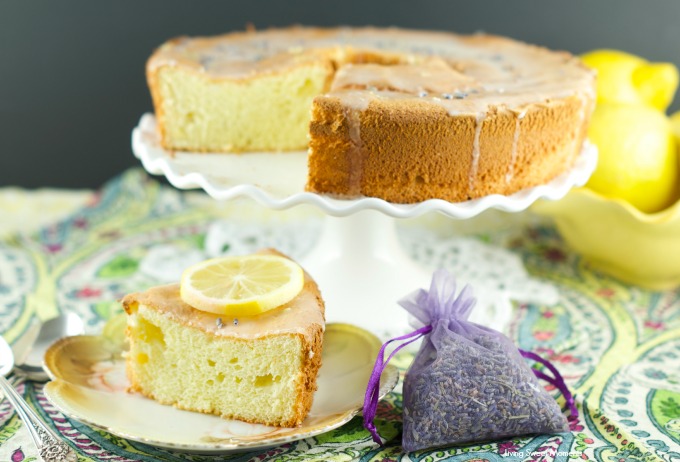 Lemon Lavender Chiffon Cake - this airy cake is infused with lavender and lemon and then topped with a lemon glaze. Delicious for dessert and tea time treat