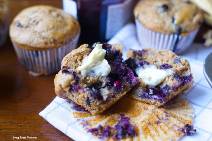 Banana Blueberry Muffins: these moist and flavorful muffins are made with whole wheat flour and wholesome ingredients for a satisfying breakfast or brunch.