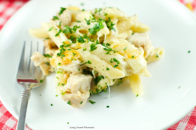 Chicken Alfredo Baked Pasta - delicious homemade Alfredo sauce tossed with pasta, cooked chicken and cheese. Perfect for a quick weeknight meal or for company. 