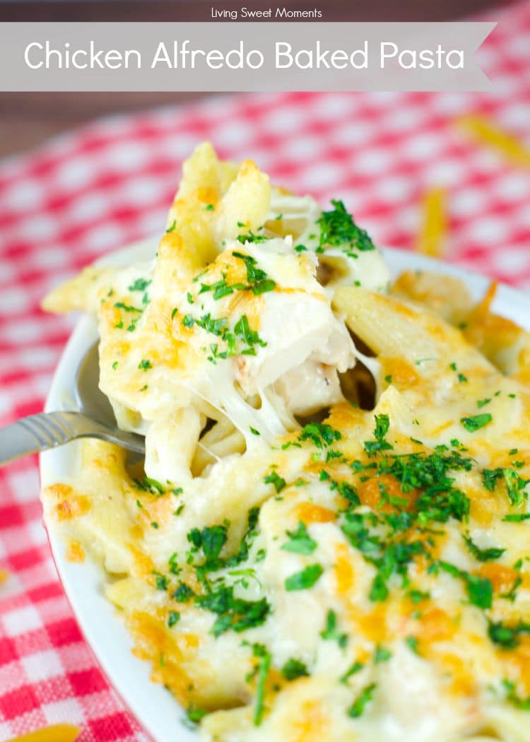 Chicken Alfredo Baked Pasta - delicious homemade Alfredo sauce tossed with pasta, cooked chicken and cheese. Perfect for a quick weeknight meal or for company. 