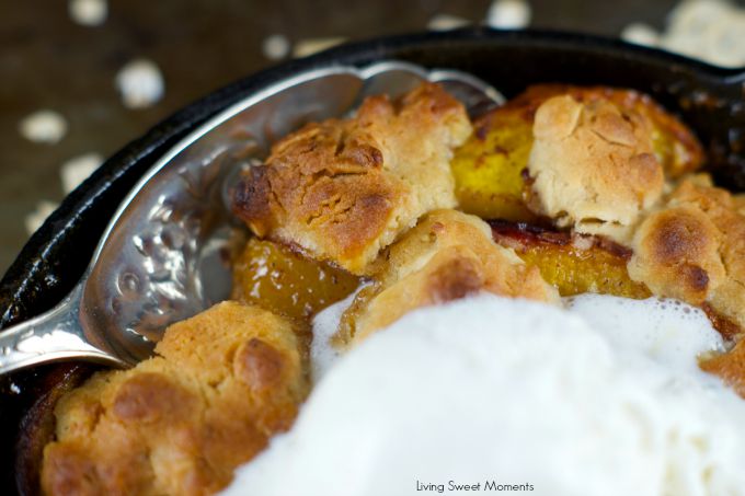 Skillet Peach Cobbler: This easy dessert recipe is delicious, easy and whips up in minutes. Peaches are cooked first on the stove and then baked in the oven