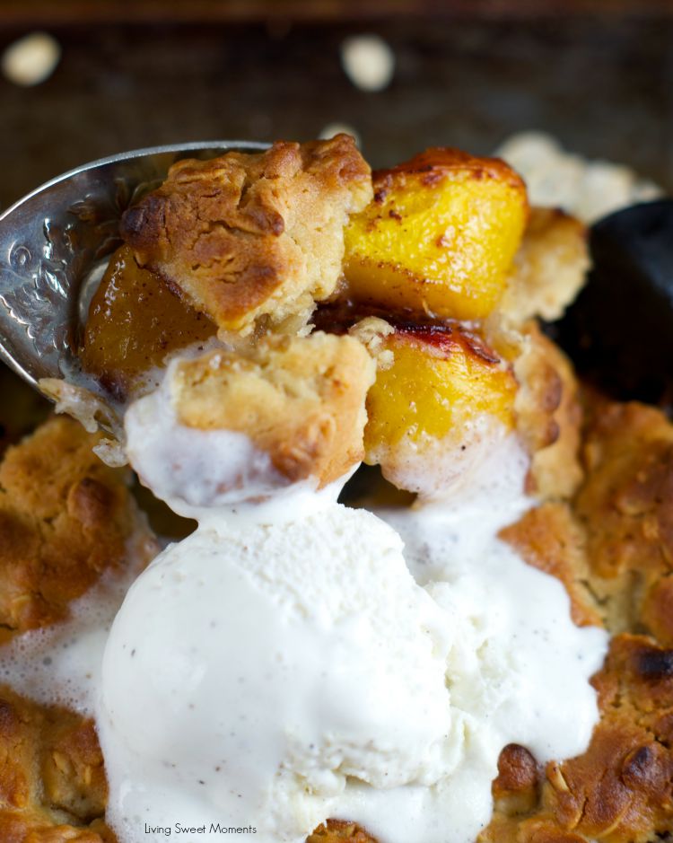 Skillet Peach Cobbler: This easy dessert recipe is delicious, easy and whips up in minutes. Peaches are cooked first on the stove and then baked in the oven