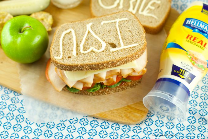 Kid Friendly Turkey Sandwich - loaded with meat, veggies, jelly and mayo for an delicious and healthy lunchbox item. Plus a great idea to send notes to kids