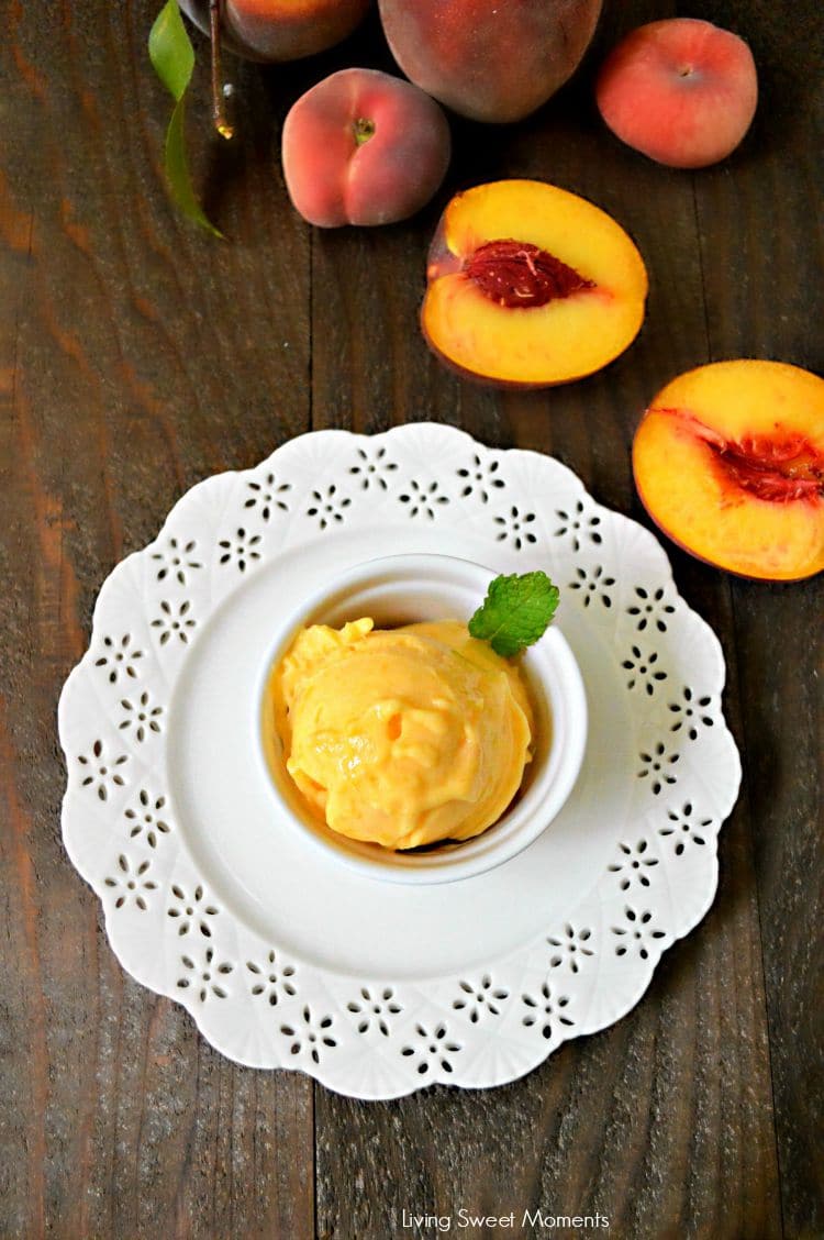 2 Ingredient Peach Sorbet Recipe: this delicious and easy to make peach sorbet is healthy, creamy and the perfect quick dessert to make any day. No machine needed! Delish! 