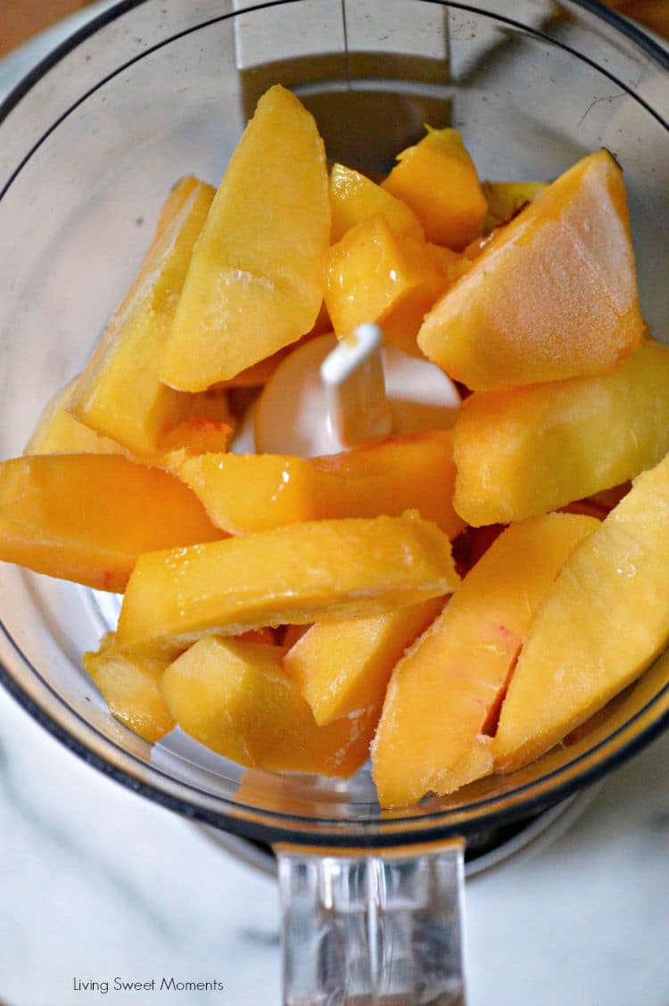 2 Ingredient Peach Sorbet Recipe: this delicious and easy to make peach sorbet is healthy, creamy and the perfect quick dessert to make any day. No machine needed! Delish! 