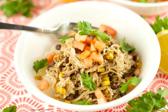 Slow Cooker Chicken And Black Beans - Delicious chicken is slow cooked in beans, corn, salsa verde and spices. Enjoy over rice or as a burrito bowl. Perfect weeknight dinner idea!