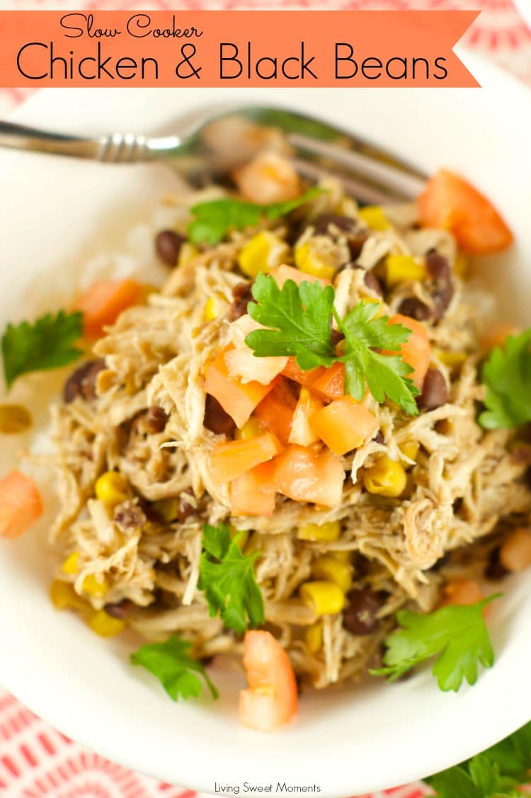 Slow Cooker Chicken And Black Beans - Delicious chicken is slow cooked in beans, corn, salsa verde and spices. Enjoy over rice or as a burrito bowl. Perfect weeknight dinner idea! 