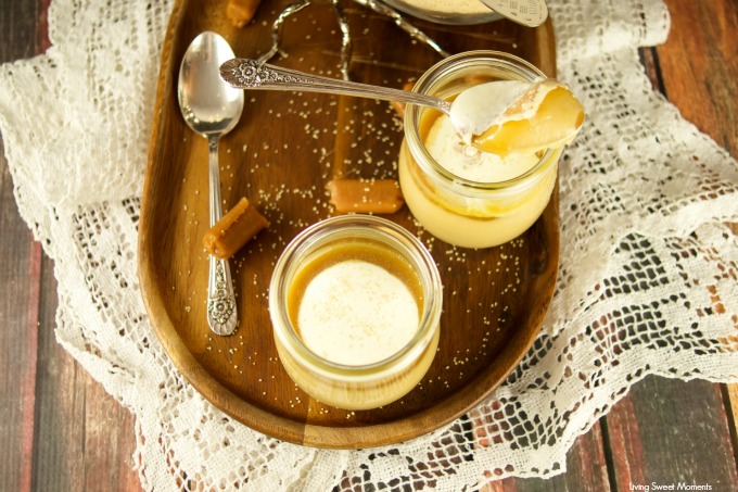 Caramel Pots De Creme With Honey Sauce - The best delicious & smooth caramel custard served with a honey sauce. The perfect dessert for any occasion. Yum!