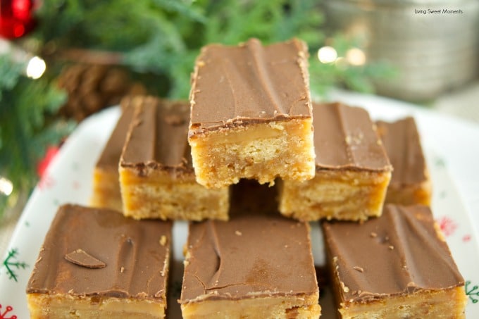 These chewy toffee bars have a buttery toffee crust, a soft caramel center and topped with chocolate. The perfect dessert for Holiday parties & celebrations