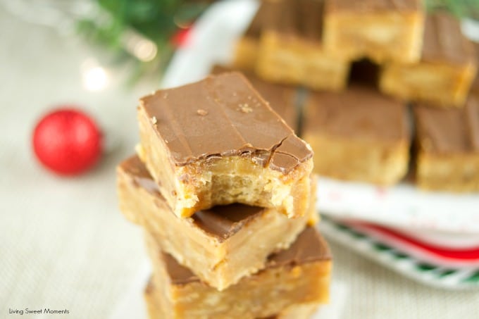 These chewy toffee bars have a buttery toffee crust, a soft caramel center and topped with chocolate. The perfect dessert for Holiday parties & celebrations