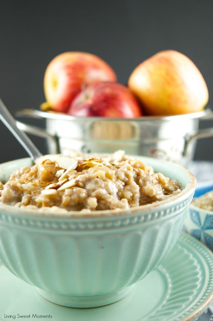 This delicious Slow Cooker Apple Oatmeal cooks overnight. It's vegan, healthy and full of flavor. Wake up to a hot bowl of apple pie oatmeal full of spice.