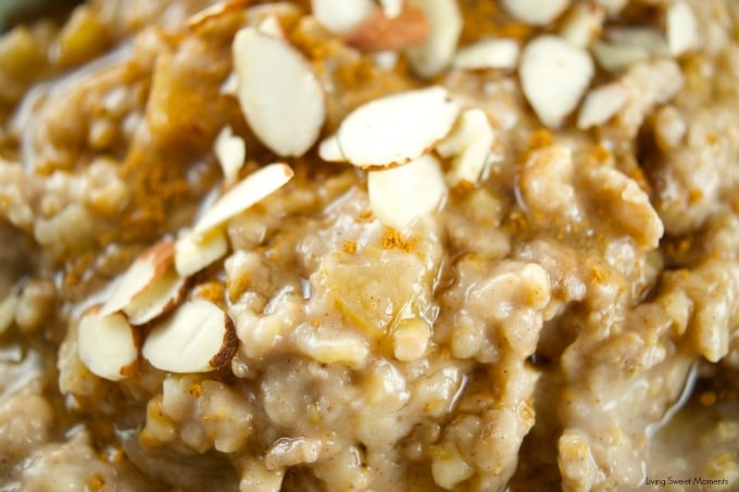 This delicious Slow Cooker Apple Oatmeal cooks overnight. It's vegan, healthy and full of flavor. Wake up to a hot bowl of apple pie oatmeal full of spice.