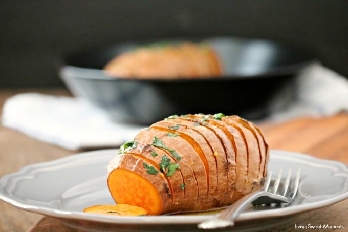 These delicious and crispy Hasselback Sweet Potatoes are the perfect easy side dish to any dinner. Just 3 ingredients needed. Vegetarian too. Yummy
