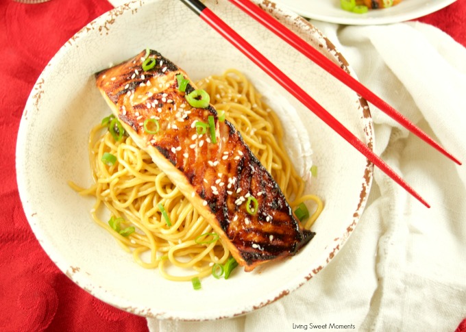 This yummy miso salmon recipe is served over sesame noodles. The perfect quick weeknight dinner idea that is ready in 20 minutes or less. Elegant too!
