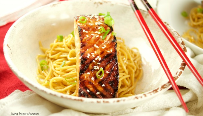 This yummy miso salmon recipe is served over sesame noodles. The perfect quick weeknight dinner idea that is ready in 20 minutes or less. Elegant too!