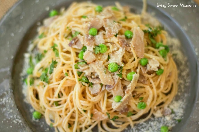 This delicious Spaghetti Carbonara Recipe made with peas, is easy to make and is ready in 20 minutes or less. The perfect quick weeknight dinner idea. 